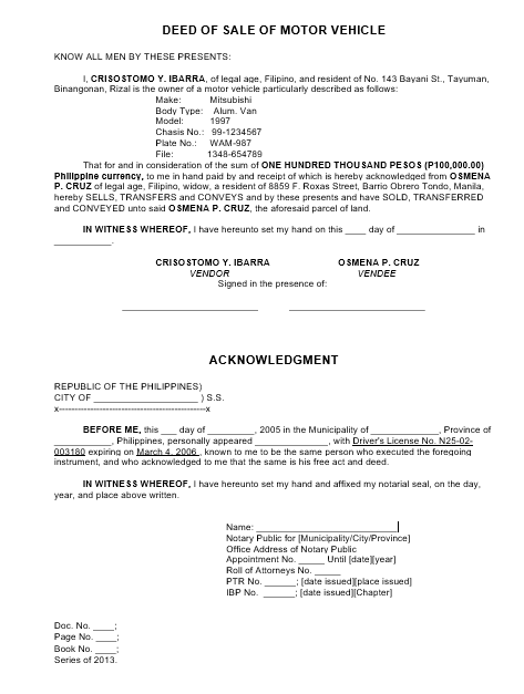 Deed of sale of motor vehicle pdf